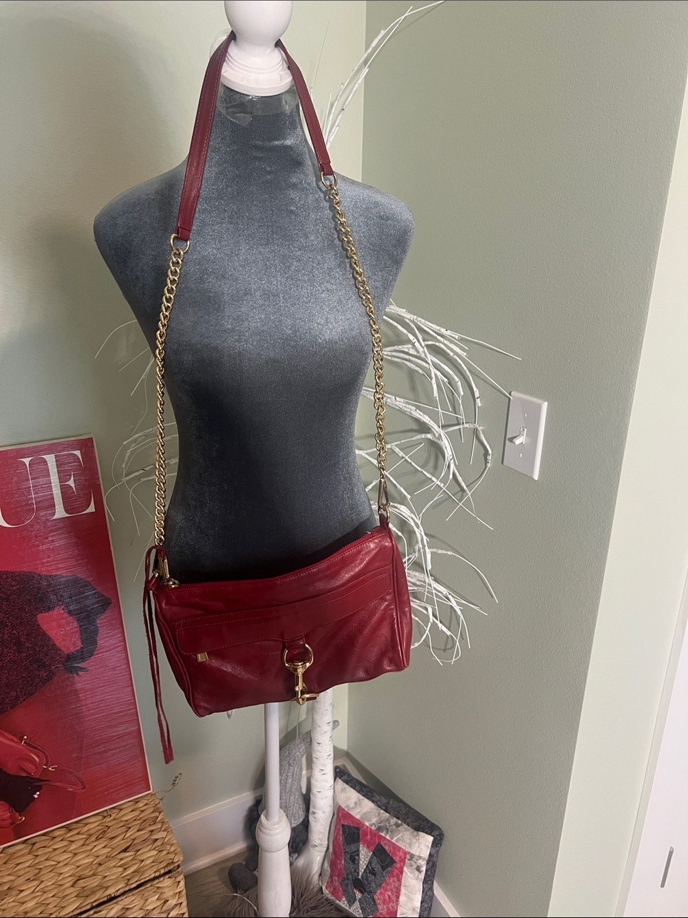 Rebecca Minkoff Red Leather Shoulder Bag with Gold Chain